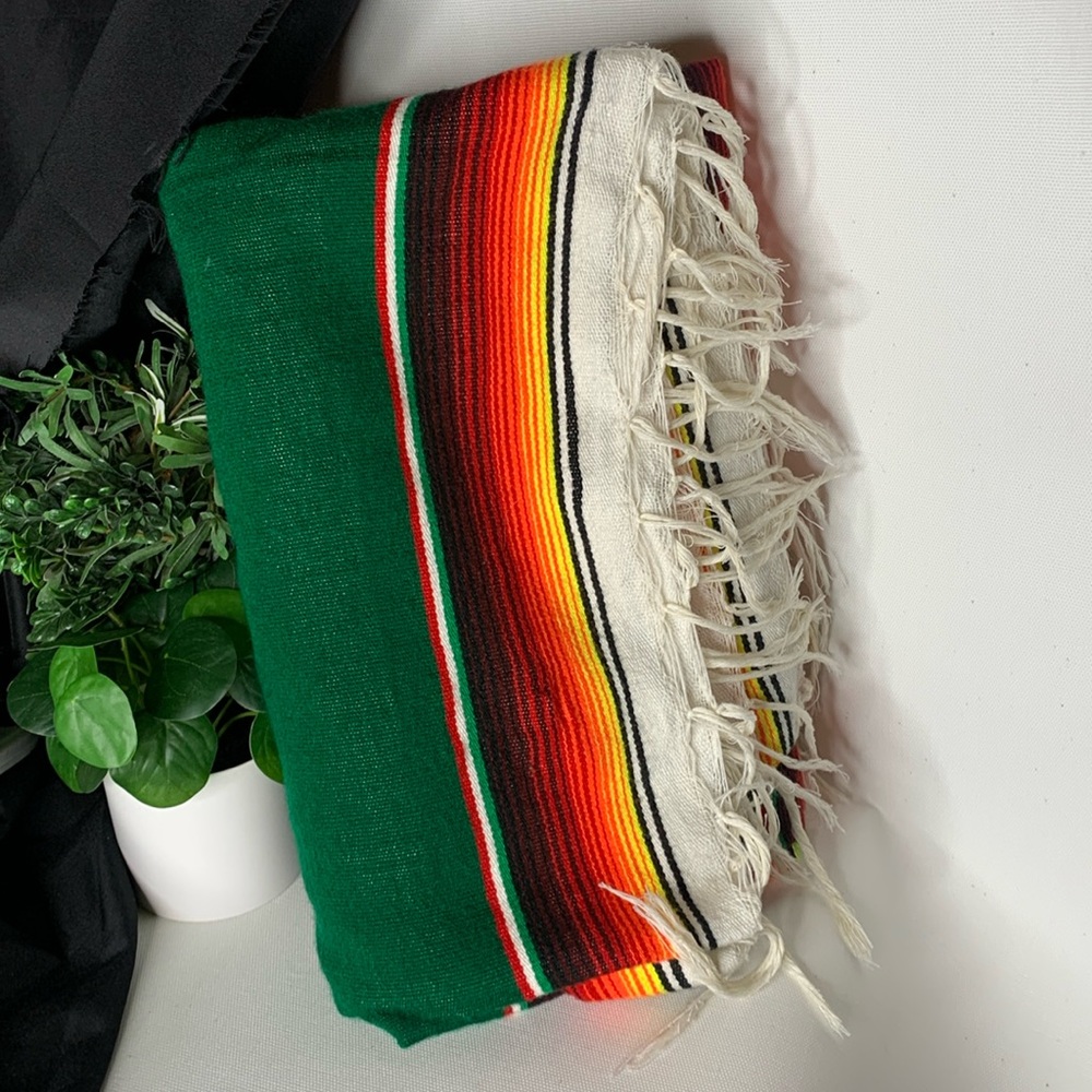 Vintage colorful cotton Mexican serape sarape salti fringed blanket - Picture 3 of 15
